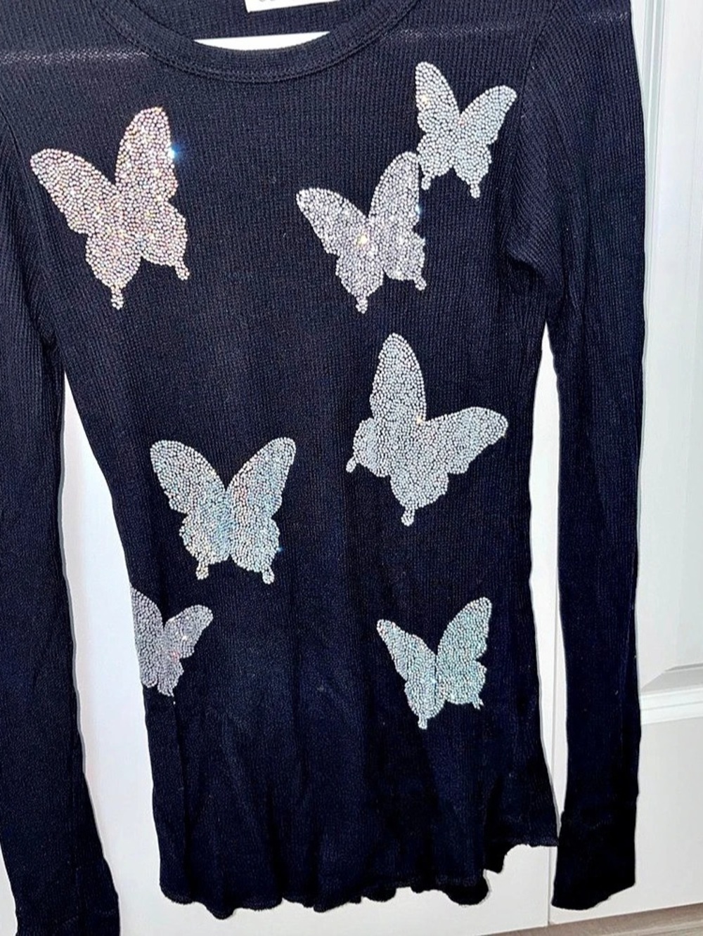 Lauren Moshi Butterfly Long Sleeve sequined Top Black XS